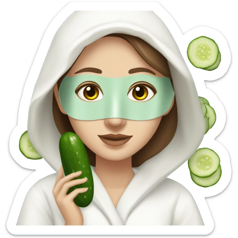 White girl with Brown hair and blue eyes wears a Green clay colored skincare textured mask and puts on cucumbers around her eyes while She relaxes in her white Robe sticker