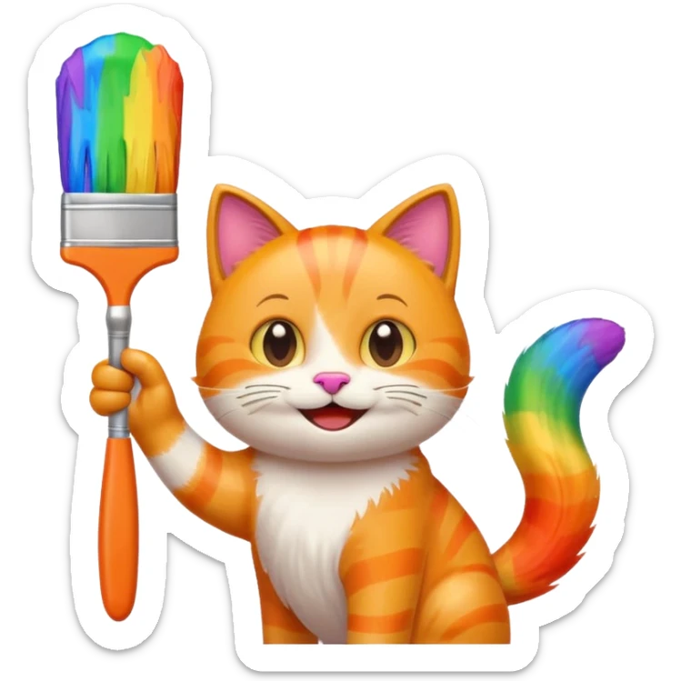 happy cat waving a giant rainbow paintbrush, playful, emoji style sticker