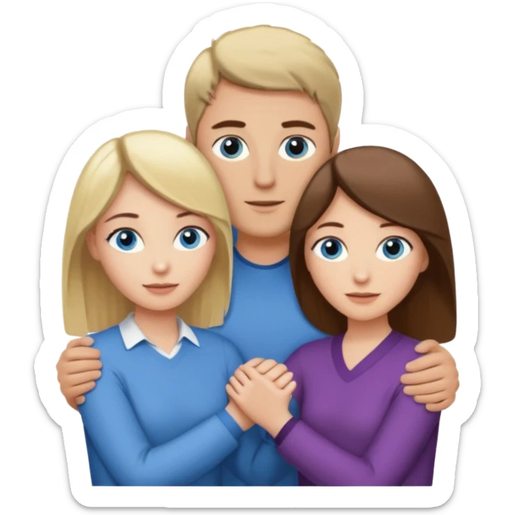 3 people. Throuple. Blank woman with blond hair and blue eye color on left. And also a blank man with brown hair and grey eye color in the middle. And a blank woman with brown hair and grey eye color on the right. Holding each other sticker