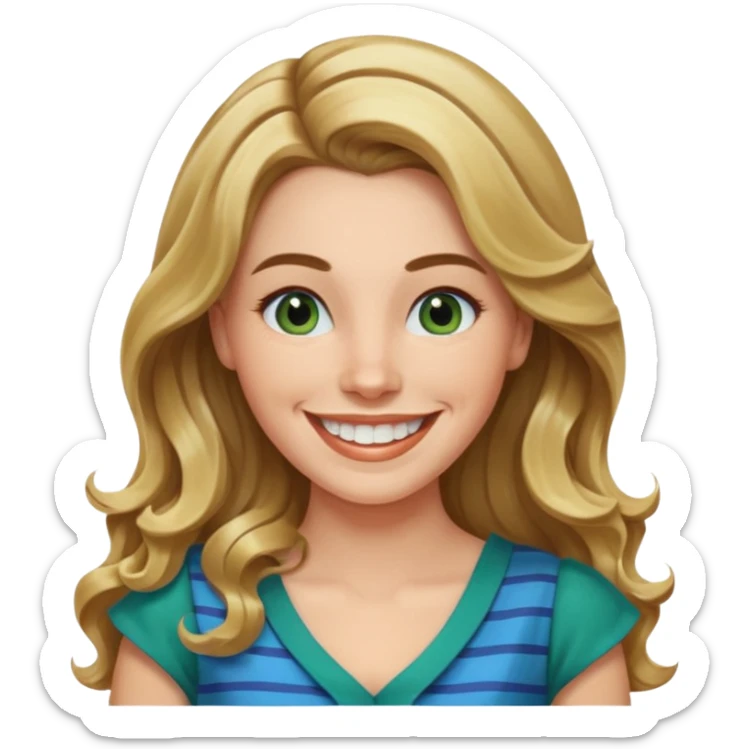 30 yr Caucasian woman long brown wavy hair parted on side blond stripe in hair blue green dress ,big smile white teeth, dimples sticker
