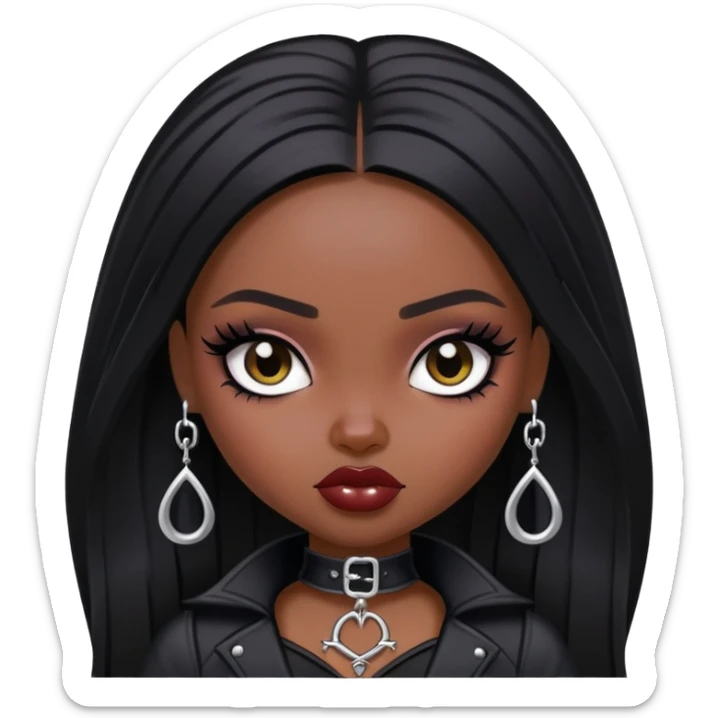 pretty bratz baddie, dark skin, black straight hair, gothic style sticker