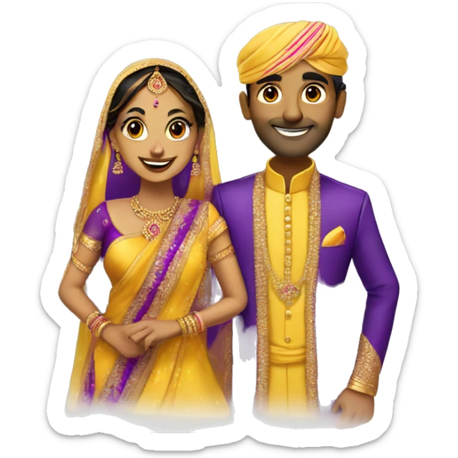 Indian bride and groom. Yellow saree and purple sherwani sticker