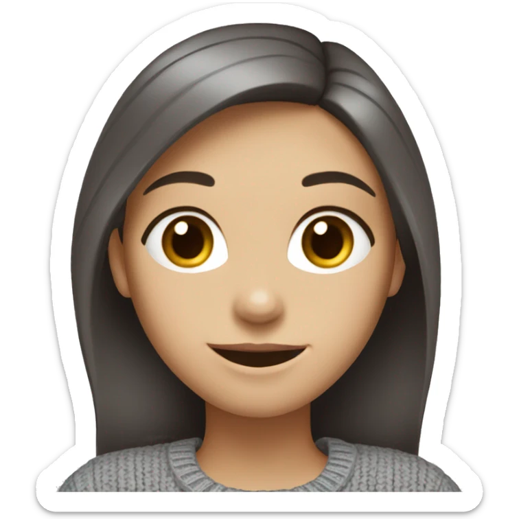 A girl with fair skin, blue eyes, dark brown hair, smiling, she's wearing a gray sweater sticker