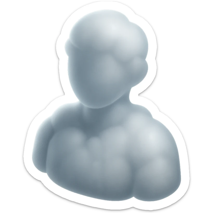 shoulder-up person fully made of white fluffy convex clouds, matte glass style sticker