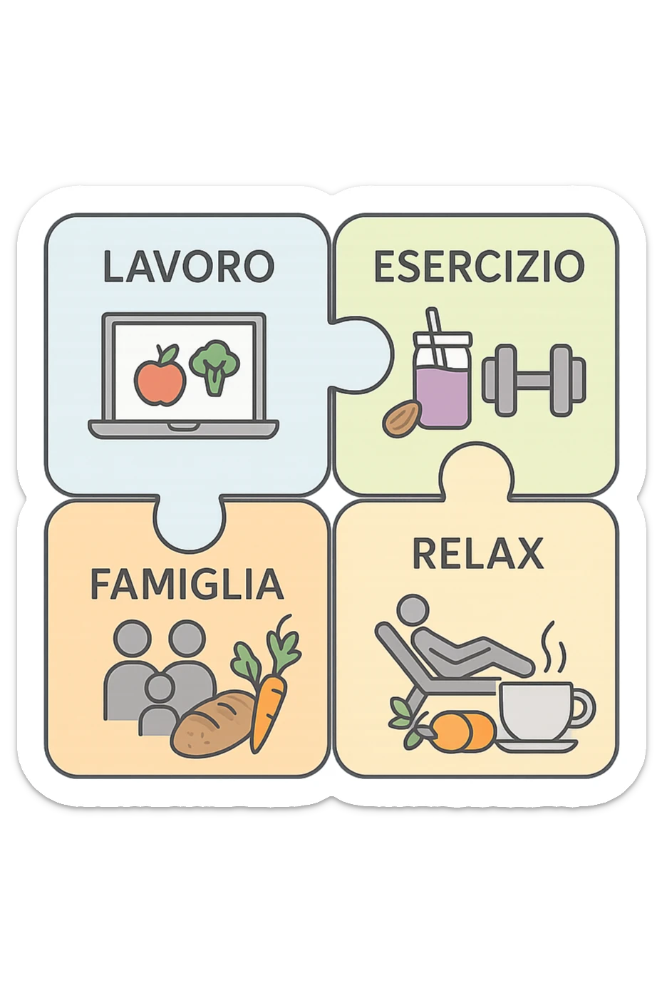 Puzzle (Lavoro, Esercizio, Famiglia, Relax), in lavoro metti icona di un PC, in Esercizio un Manubrio, in Famiglia una famiglia, in Relax qualcuno che riposa and healthy foods are integrated into each piece. in italiano sticker