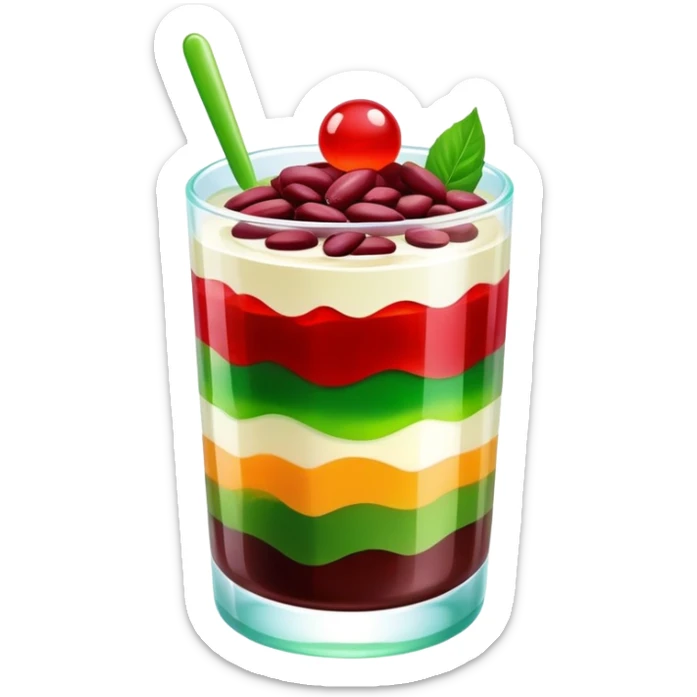 chè ba màu, vietnamese sweet soup, colorful layered dessert in a glass, beans, jelly, and ice sticker