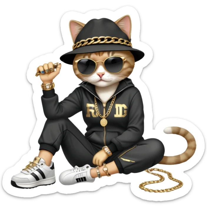 female cat dressed like Run DMC in tracksuit, fedora, Adidas shoes, dark sunglasses, lots of gold chains, rings, bracelets, earrings, lying on the ground after falling, distressed sticker