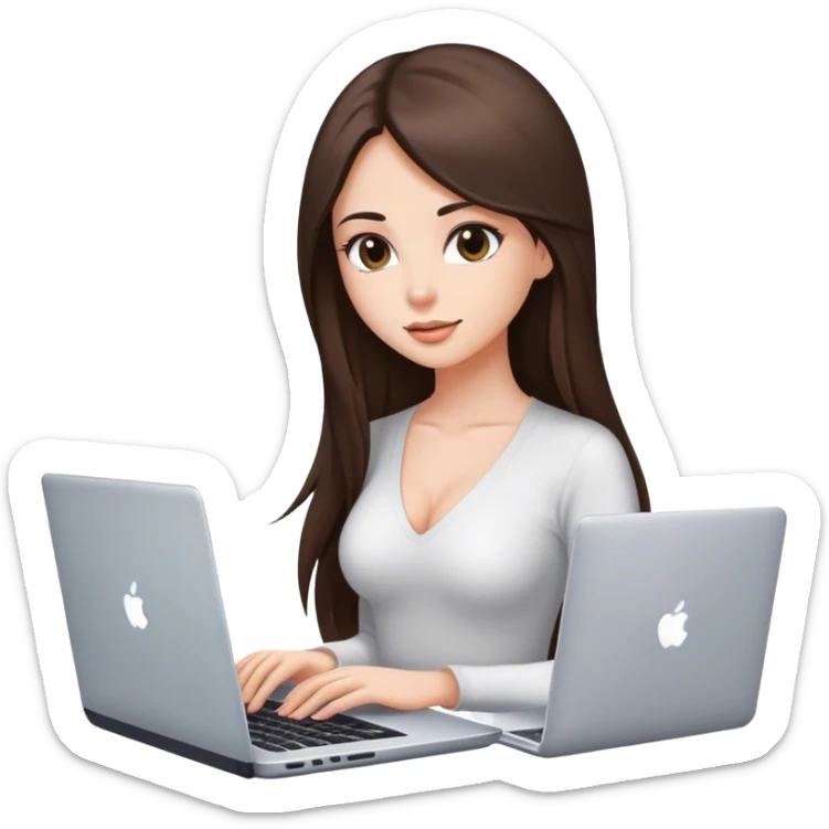 Glamour, beautiful sexy girl, with long straight brunette hair, with laptop sticker