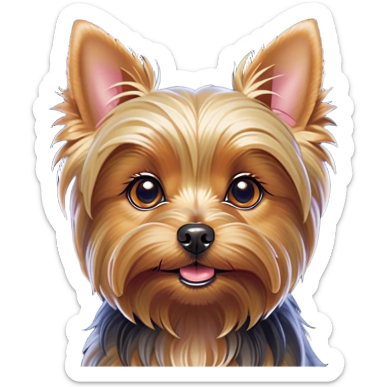 Cinematic Cute Yorkshire Terrier Portrait Emoji, Head perked with bright, twinkling eyes and a perky expression, showcasing a soft, silky fur in rich hues, simplified yet adorably detailed, glowing with a cheerful, inviting glow, high shine, exuding playful intelligence and spunky charm, styled with a gentle, whimsical outline, capturing the essence of a cute Yorkshire Terrier that appears ready to frolic off the screen with irresistible energy! sticker