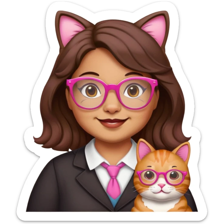 happy chubby English teacher, pink cat glasses, wavy dark brown hair, only the face, classroom background, emoji style, online class setting sticker