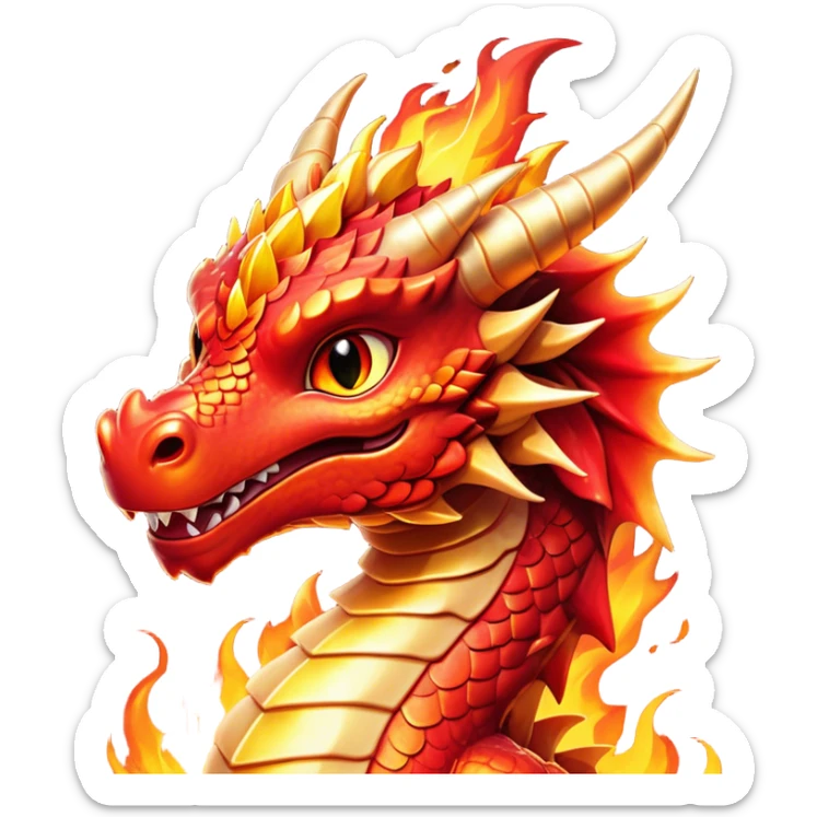 Cinematic Cute Fierce Fire Dragon Portrait Emoji, Head tilted playfully and inquisitively, showcasing a robust, flame-embellished form with intricately detailed scales in vibrant reds and glistening golds, accented by flickering ember highlights and a warm, inviting glow; rendered with lifelike detail and radiant natural light, high shine, spirited yet endearing, styled with a touch of blazing whimsy, soft glowing outline, capturing the essence of a mischievous yet charming inferno that seems ready to dance with playful fire! sticker