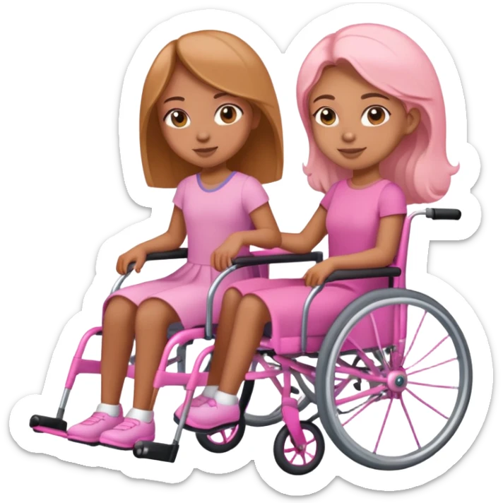 One tan skin sister pushing her light brown skin sister in a pink wheelchair sticker