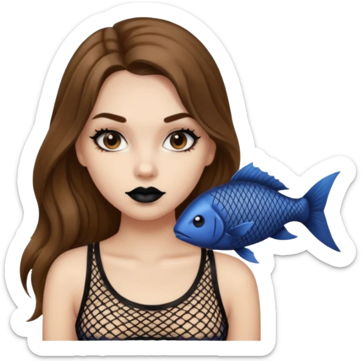 a pretty bratz fair girl with brown long hair styled well, looking like a baddie in a fishnet top and dark brown hair and black lipstick sticker