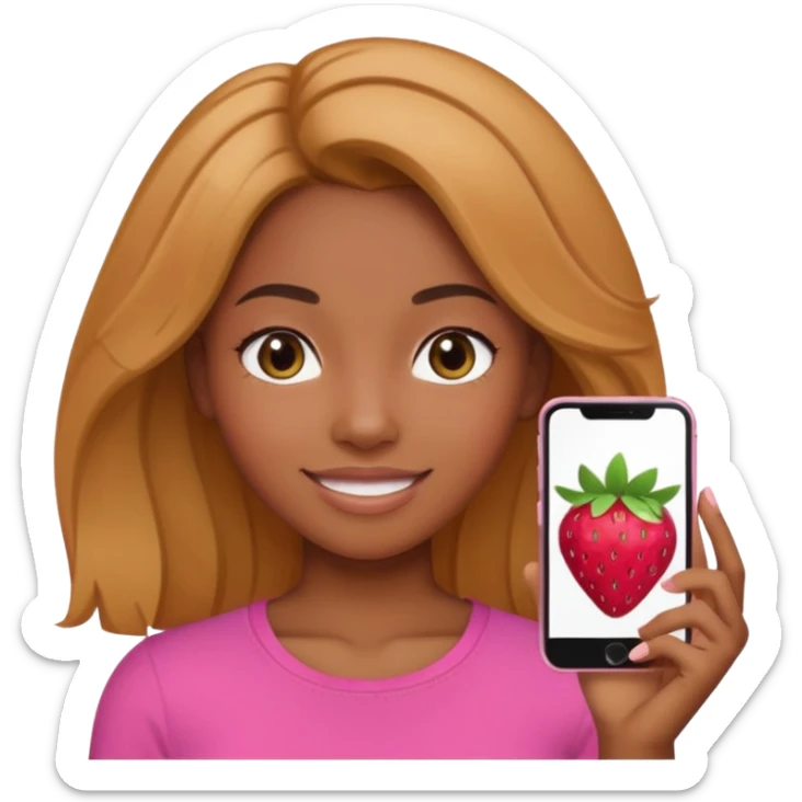 black girl with olive skin, natural-looking hair blending strawberry blonde and brunette tones, styled to suit her complexion, wearing a pink top, subtle smile, Apple iPhone emoji style sticker