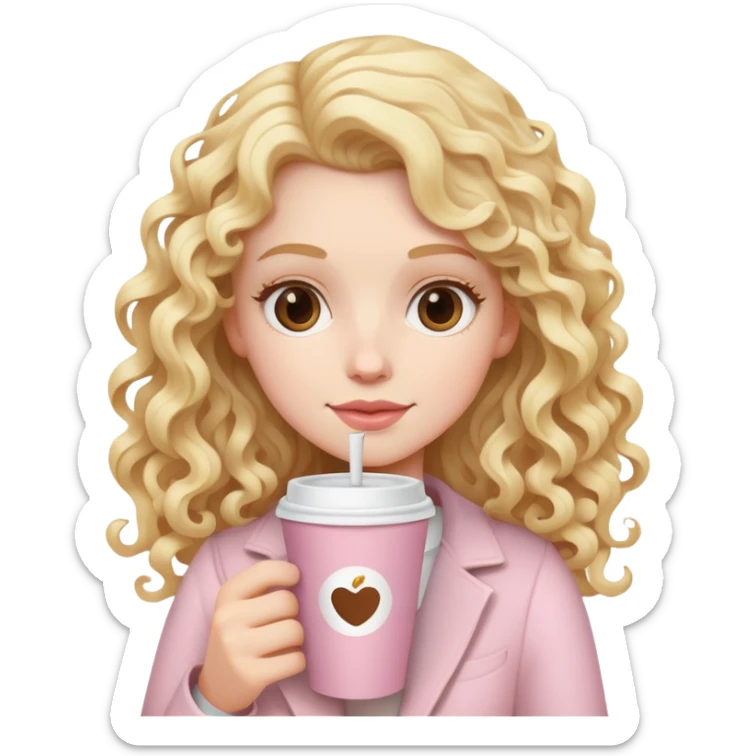 A white girl with long blonde curly hair and a pale pink paper cup of coffee sticker