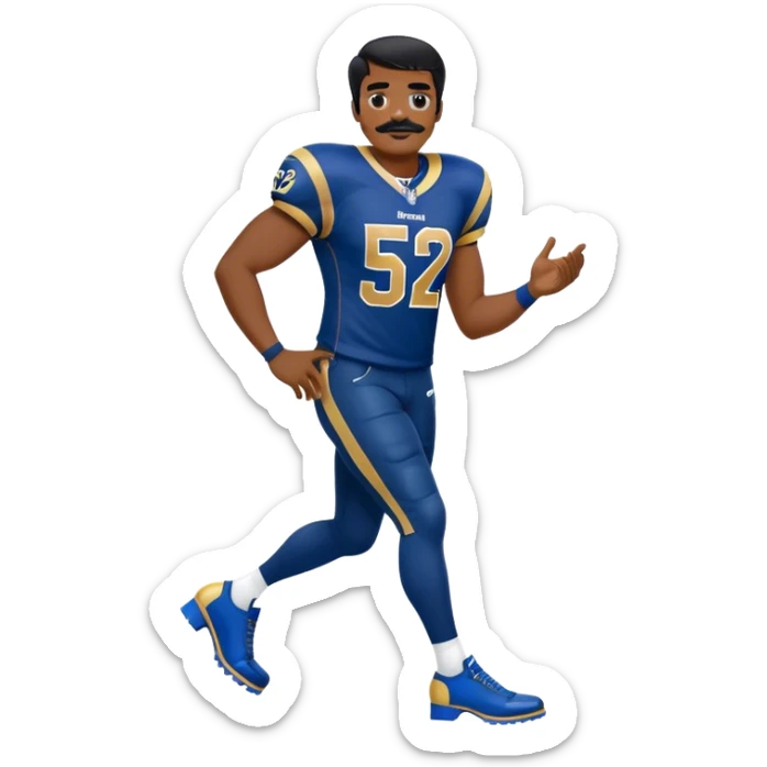 Chill guy in LA Rams jersey  with nu.ber 52. Black hair black mustache. Full body. Blue heels sticker