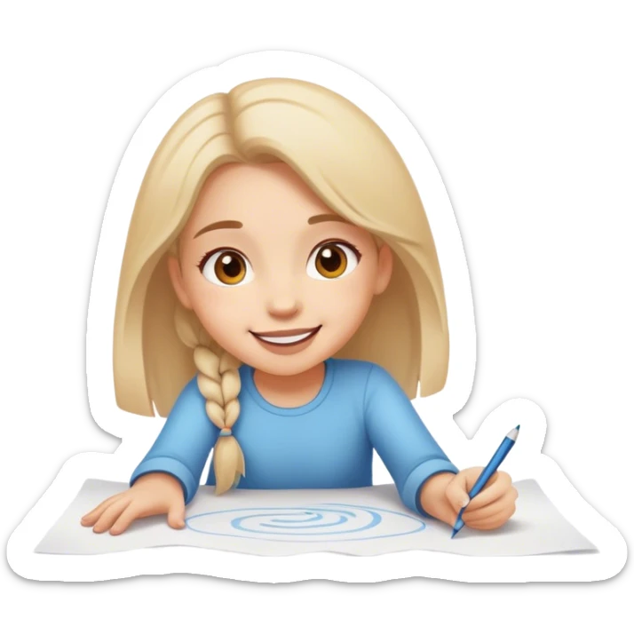 cheerful girl draws on a sheet of paper on the ground sticker