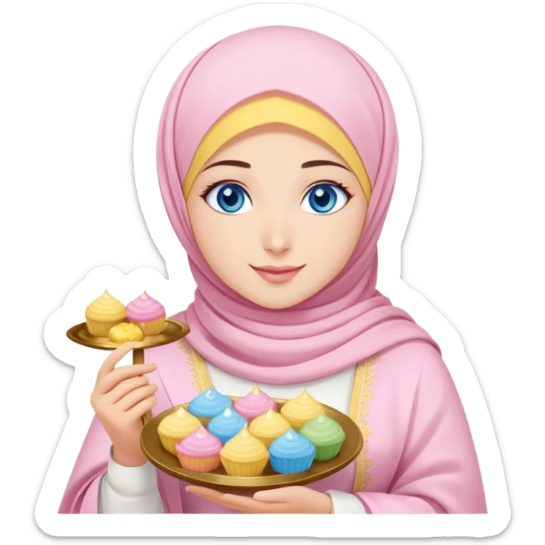 Turkish beautiful finish Konya girl blue eyes with powder pink yellow hijab islamic dress and had on her hand text Eid Mubarak with sweets and celebrating with her friends eid days   sticker