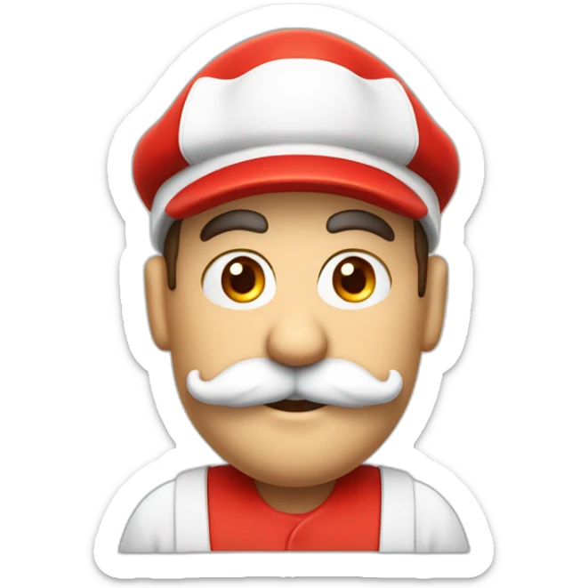 italian man, red plumber hat with white emblem with "M" logo, bulbous nose, bushy moustache sticker