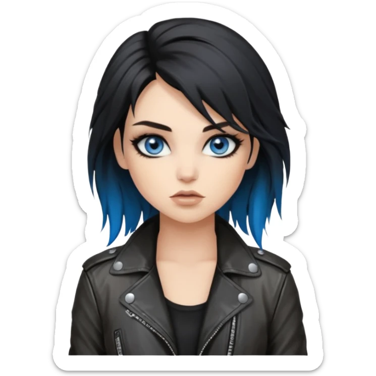 
 rockstar girl with black disheveled hair, blue eyes, Smokey eyes grunge makeup,  sticker