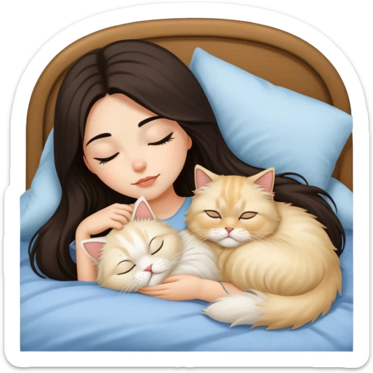 pretty girl with dark long hair sleeping with blonde fluffy  persian cat in bed sticker