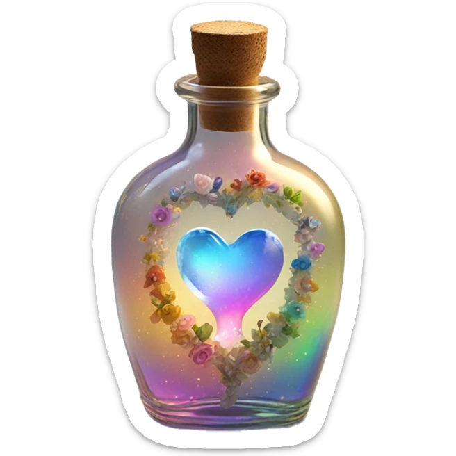 Antique oil heart bottle made of crystal glass of all gentle colors of the light rainbow, a living flower fairy sits at the bottom of the bottle sticker
