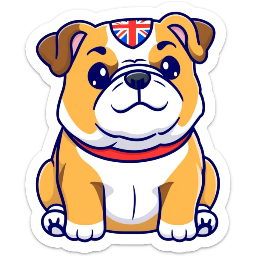 A cute cartoon English bulldog with small English flag sticker