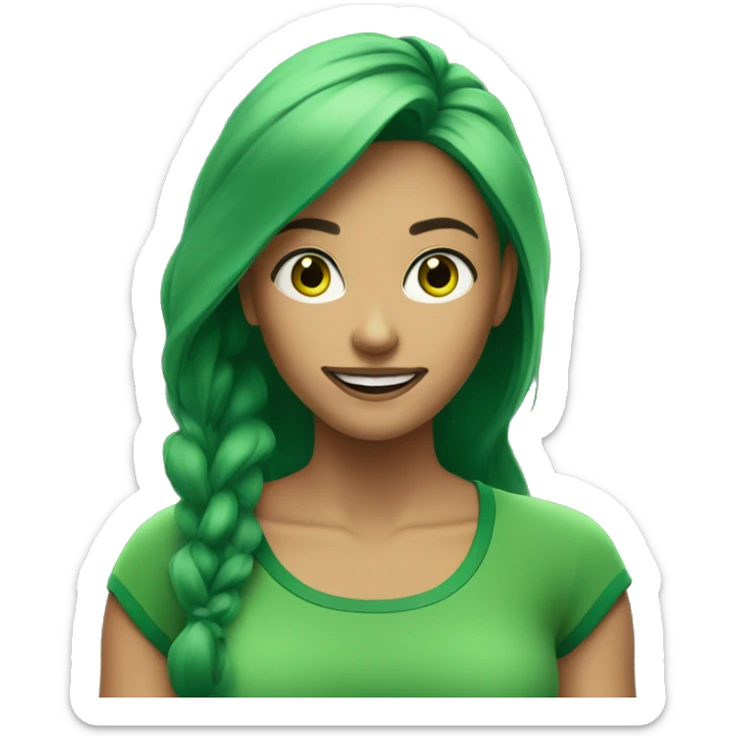 A woman in a green sports top with long green hair smiles broadly. Green eyes. Green skin sticker