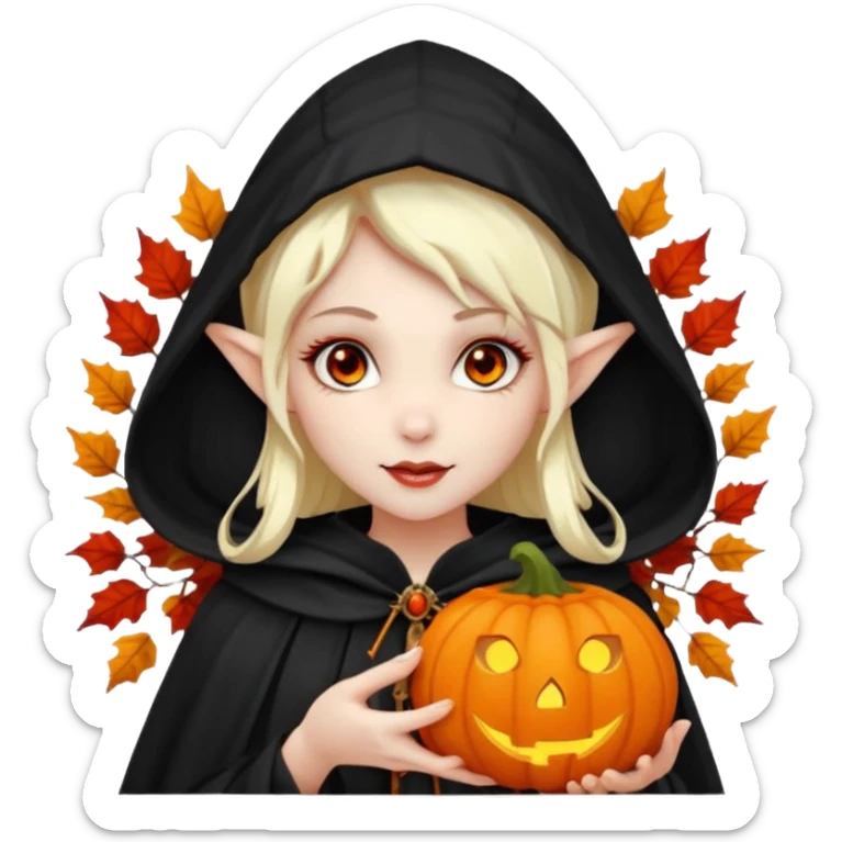 female elf vampire emoji, pale skin, red eyes, elegant face, autumn leaf and pumpkin wreath on head, black hooded cloak with cobweb details, holding small glowing pumpkin lantern, Halloween fantasy theme, Apple emoji style, clean white background, square sticker