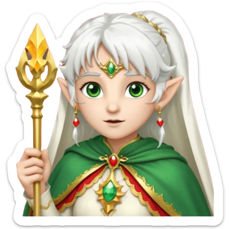 an elf with very white hair and two long PONYTAILS on the side of her head, she has a curtain bang, green eyes, she has a white cape with golden borders and a scepter with a red orb, she has earrings that look like red drops sticker