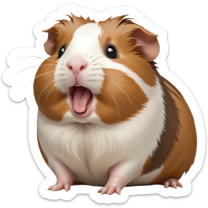 Cinematic Cute Yawning Brown and White Banded Guinea Pig Portrait Emoji, Head tilted slightly with a dramatic, wide-open yawn, revealing a soft, banded fur of brown and white with tiny, droopy ears, round dark eyes barely open in drowsy contentment, Simplified yet irresistibly adorable features, highly detailed, glowing with a soft, cozy glow, high shine, relaxed yet expressive, stylized with a touch of whimsy, bright and endearing, soft glowing outline, capturing the essence of a sleepy yet affectionate guinea pig, so drowsy it feels like it could stretch out of the screen and curl up for a nap! sticker