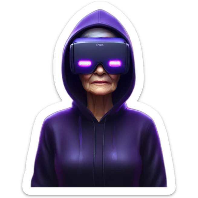 Russian old woman wearing a black hoodie with "OMG" letters on it and VR headset in a cyberpunk VR environment with violet neon lighting. sticker