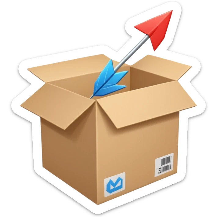 Minimal line-art icon of a shipping box with an arrow going up or a price tag, simple modern style, clean outlines, slightly 3D, no background, transparent, represents “reselling / e-commerce / flipping items” sticker