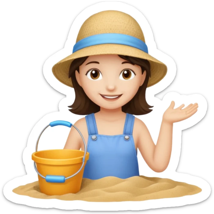 brunet kid girl with toy sand bucket wear sun hat sticker