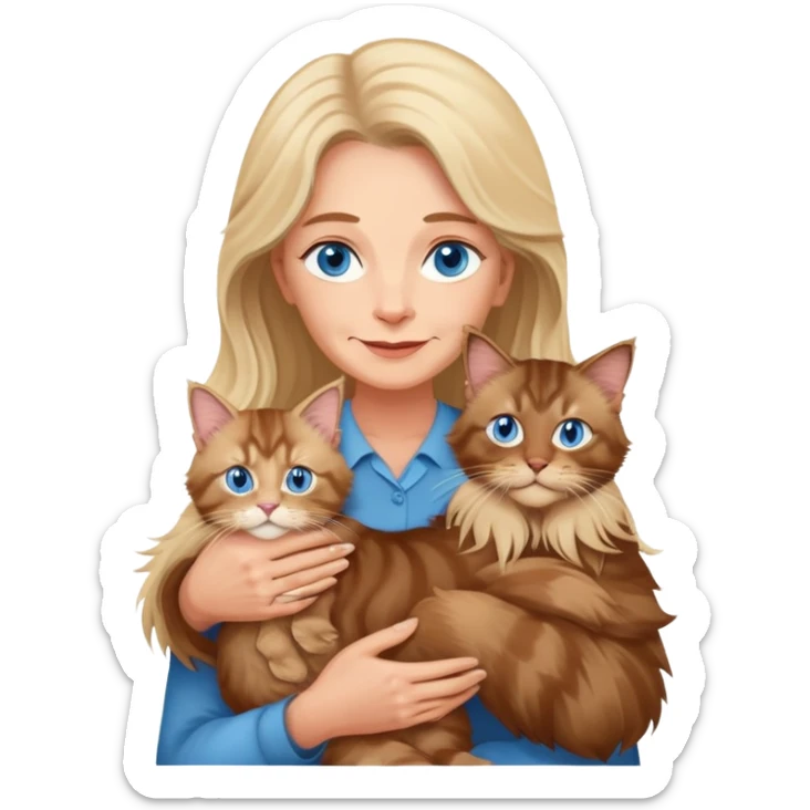 A blonde blue eyed older woman holds a brown Maine Coon cat in her arms sticker