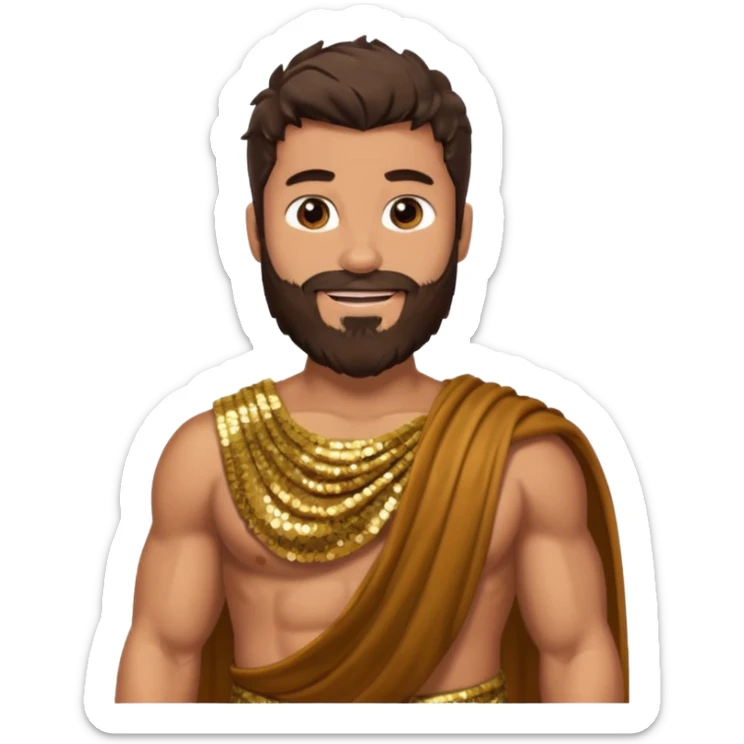 Hercules from Roman Deities with long dark brown hair and beard, bronze sequin toga sticker