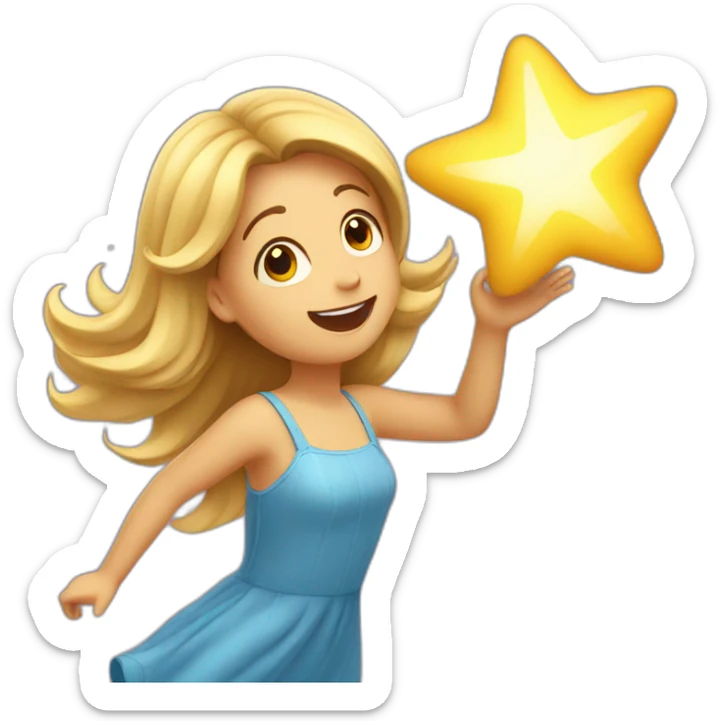 Girl with waving hair in dress flying and catching a star sticker