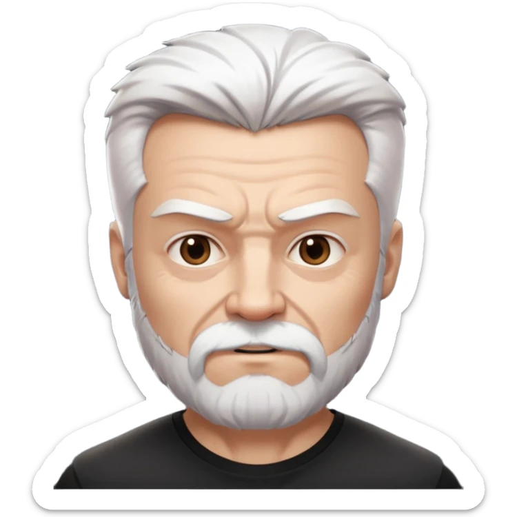 White haired muscled adult man with a black t-shirt. He has white beard and a long goatee. Dark brown eyes and some wrinkles. Attractive, Wolverine vibes. Not too old. sticker