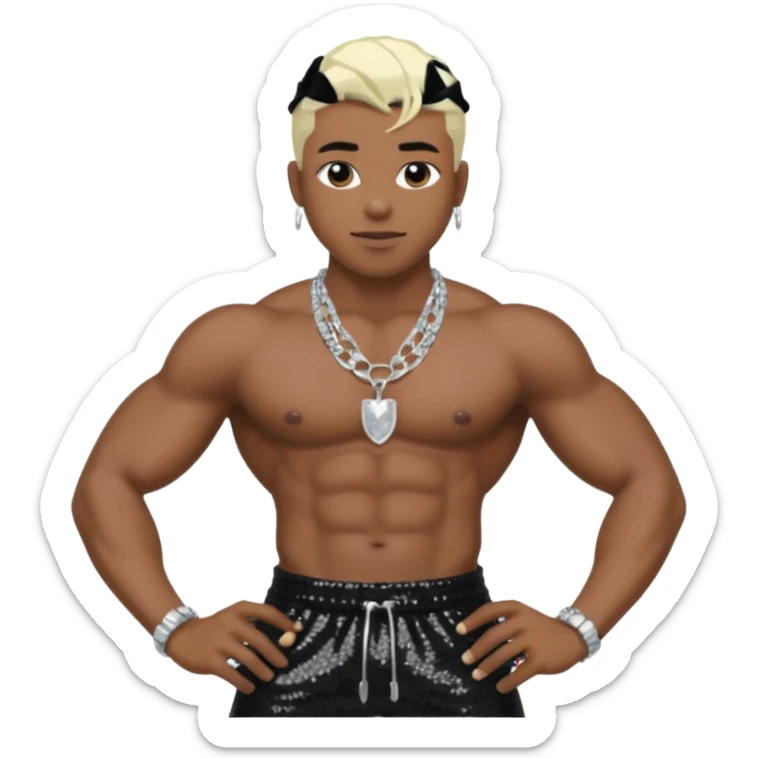 Sisqó with black sequin baggy pants, shirtless with necklace, dark skin, platinum blonde hair sticker