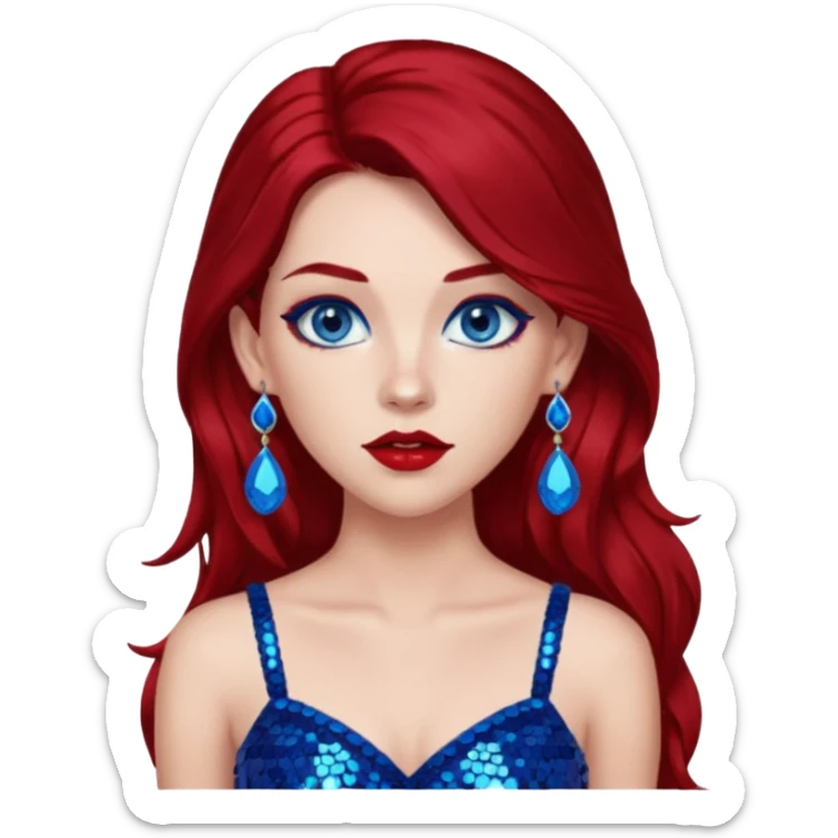 Chappell Roan (b.1998) with long dark red hair, red sequin crop top, red earring, blue eye, makeup sticker