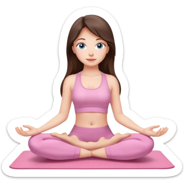 Brunette long hair and blue blue eyes yoga beautiful girl in light pink pink pink clothes sitting on a yoga mat sticker