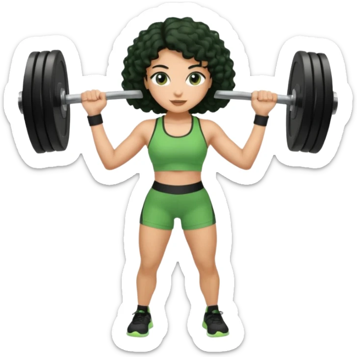 woman with olive skin and curly black hair wearing a green workout outfit (shorts) and lifting weights sticker