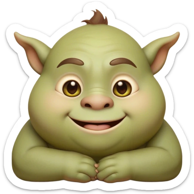 Cinematic Cute Ogre Portrait Emoji, with a surprisingly endearing, plump and huggable figure in soft earthy greens and browns, featuring big, kind eyes and a bashful smile, simplified yet irresistibly adorable, highly detailed with a soft glowing outline that captures the charm of a friendly giant who seems ready for a warm hug! sticker