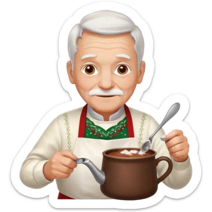 A gentle old man in a festive sweater and a white apron, stirring a pot of rich hot chocolate. sticker