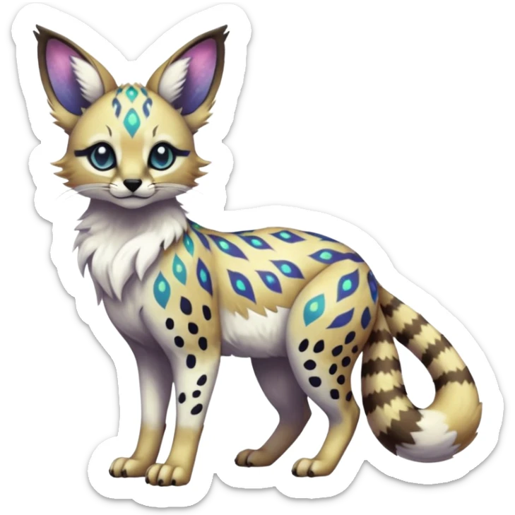 Rare iridescent white exotic epic aesthetic colorful Trico-Eevee-Serval-Genet-Civet-species-Fakemon-hybrid-creature, with intricate tattoo markings, full body sticker