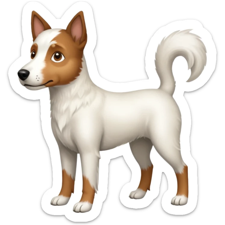 a full body large white parson russell looking dog the size of a kelpie with light brown ears and a light brown patch on one eye and a large snout sticker