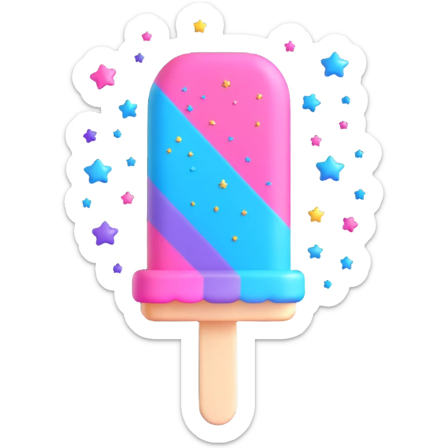A popsicle with pink, blue, and purple colors, with a star on top, surrounded by small stars and sparkles. sticker