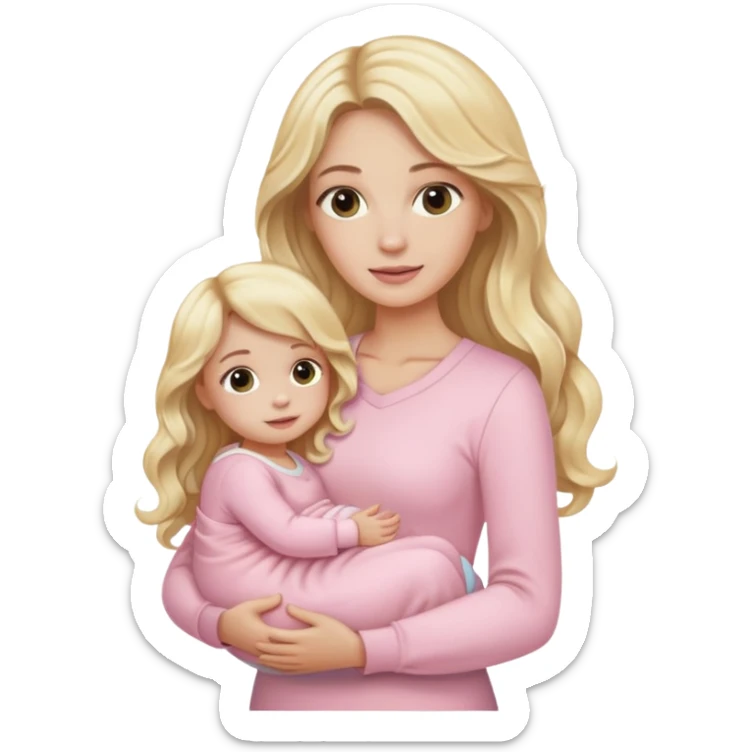 Blonde longe wavy hair lady with light pink clothes holds her baby girl and a girl daughter  sticker