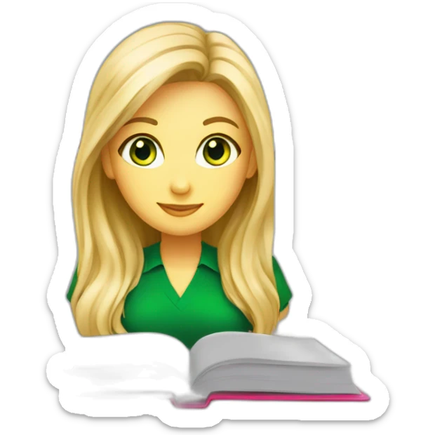 English teacher female with blonde hair and green eyes. with English book with usa flags sticker