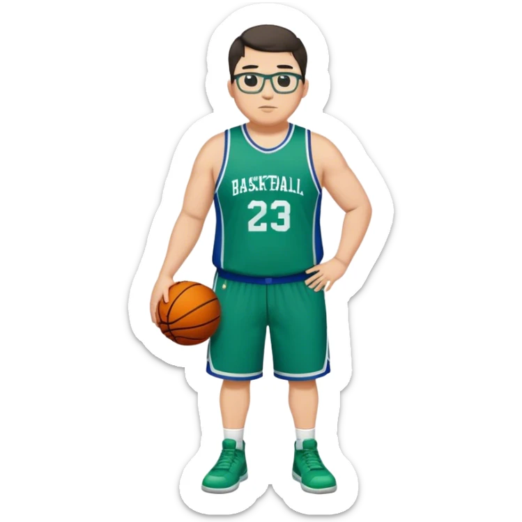 Full Body plus size white male with dark short hair basketball player wearing glasses wearing blue green uniform sticker
